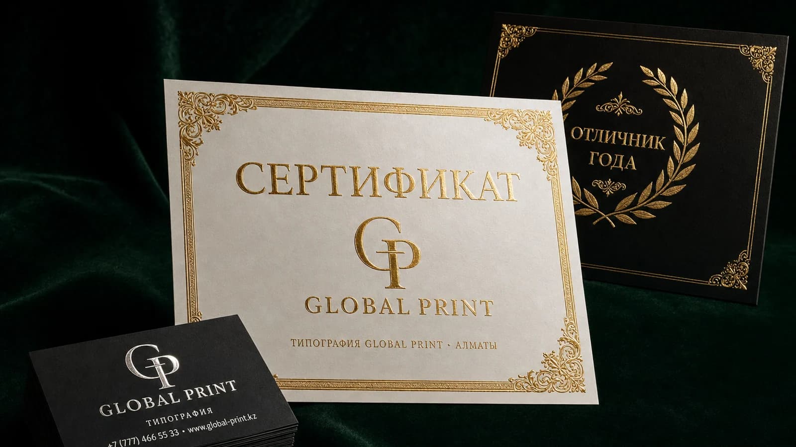 Сертификаты, визитки с фольгированием.